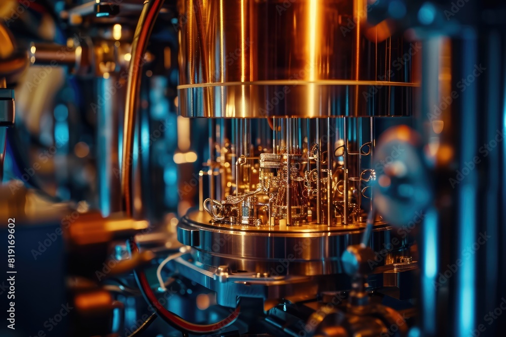 Poster quantum computer processor with glowing electrons background