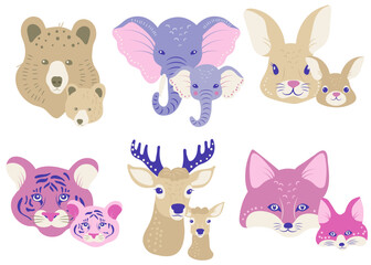 set of vector paar animals, cartoon heads of mother and kids