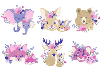 set of vector paar animals, cartoon heads of mother and kids with flowers