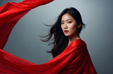 Stunning Asian Beauty. Close-Up Portrait with Flowing Red Silk and Dramatic Lighting