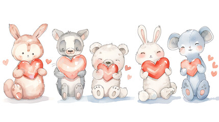 Cute Valentine's Day animals carrying hearts illustration. Love romantic card banner