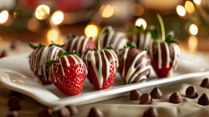Delicious chocolate covered strawberries served in a white plate with festive decoration background