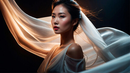 Stunning Asian Beauty. Close-Up Portrait with Flowing White Silk and Dramatic Lighting