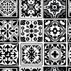 Various square Tiles seamless pattern. Different black ornaments. Traditional mediterranean style. Hand drawn. Ceramic tiles. Vector illustration isolated on background. 