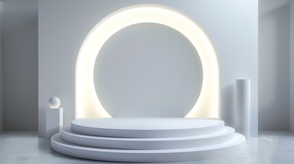 3D Rendering of White Podium for Product Presentation with Circular Background and Backlighting