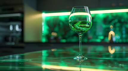 Green food coloring diffuse in water inside wine glass with empty copyspace area