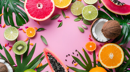 Exotic summer flavors. A mouth-watering flat lay top view of tropical fruits dragon fruit, kiwi, orange, lime, and coconut, on a pink background with palm leaves and an empty circle, 