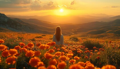 long marigold field with a sunset setting, girl in center frame enjoy the field