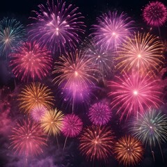 Radiant fireworks paint the night sky with vibrant hues of pink, purple, and gold