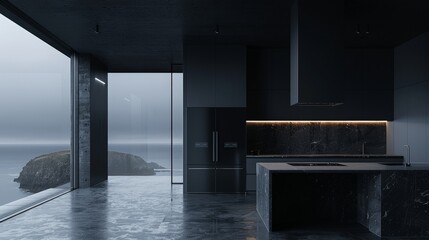 Create a picture of an open kitchen with a gray minimalist style and realistic atmosphere