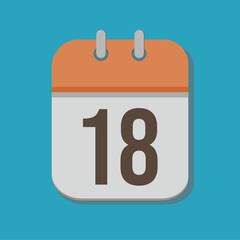 Calendar with number 18 in orange, white and brown in minimalist tones, with blue bakcground
