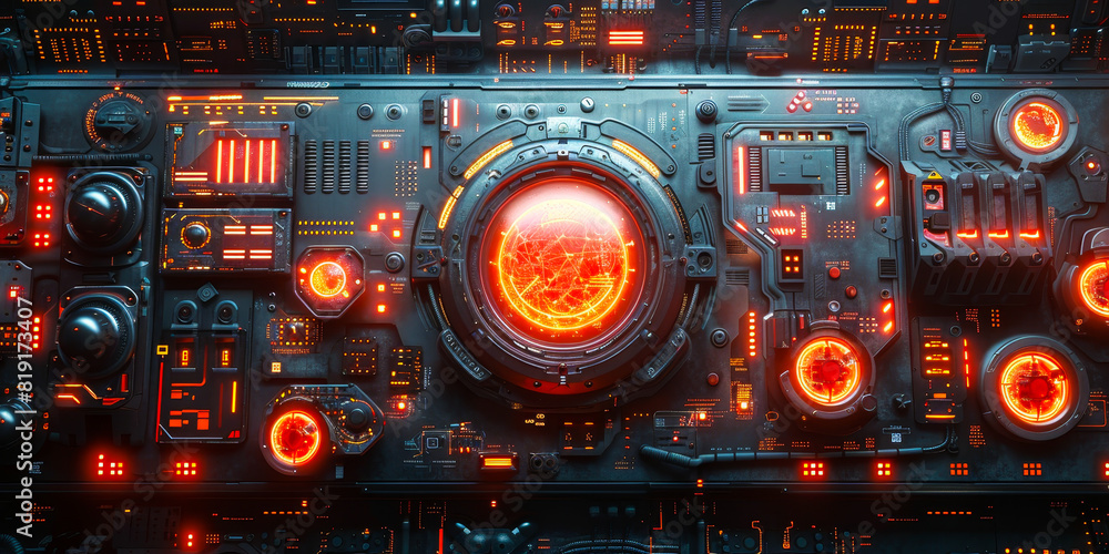 Poster futuristic sci-fi control panel with glowing red interfaces and dark mechanical detailing in wide fo