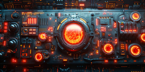Futuristic Sci-Fi Control Panel with Glowing Red Interfaces and Dark Mechanical Detailing in Wide Format