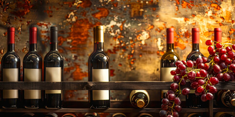 Obraz premium Elegant Array of Vintage Red and White Wines on Rustic Wooden Rack, Artistic Background