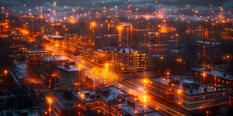 Fototapeta premium Suburban Nightlife Illuminated by IoT and DX: Smart Home Connectivity in Digital Community