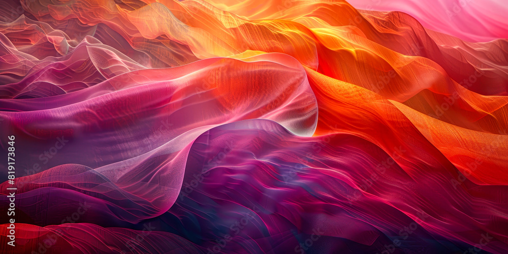 Poster vibrant abstract waves blending warm and cool tones, evoking unity and diversity in elemental harmon