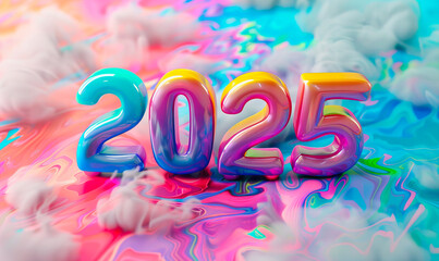 Happy New Year 2025 celebration 3D text title inscription colorful rainbow design. Creative party...