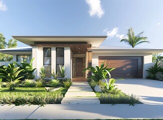 Modern house in Queensland, Australia, with white stucco walls and dark grey vertical shutters, tropical plants and grass near the entrance to the front door