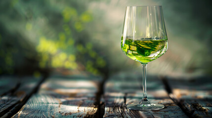 Green food coloring diffuses in water inside the wine glass