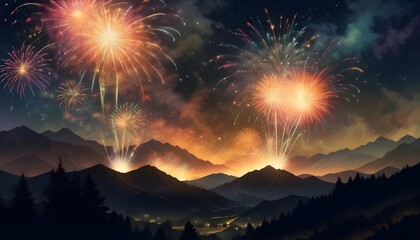 Mountainous backdrop: Colorful fireworks illuminate the night sky above silhouetted peaks