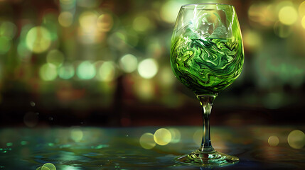 Green food coloring diffuses in water inside the wine glass