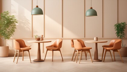 coffee shop with tables and chairs, vintage style, minimalism
