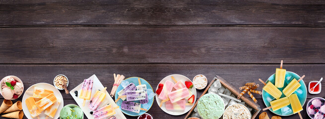 Cool summer food bottom border. Assortment of refreshing ice cream, popsicle and frozen treats. Top...