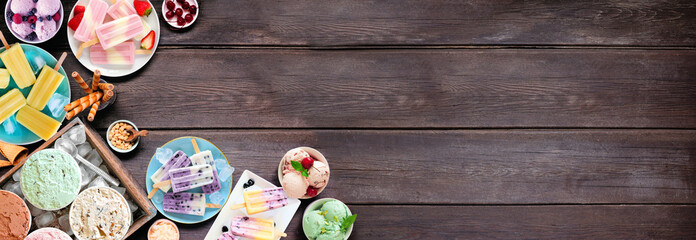 Cool summer food corner border. Selection of refreshing ice cream, popsicle and frozen treats. Top...