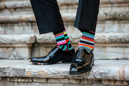 A person wearing black dress shoes and mismatched socks, one colorful with stripes and patterns, the other black and white, while standing on stone step - Powered by Adobe