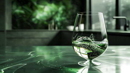 Green food coloring diffuses in water inside the wine glass