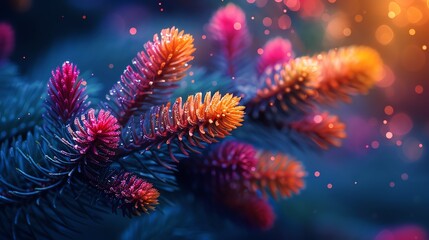 Close-up of pine branches with soft focus lights, highlighting vibrant colorful needles, perfect for nature and holiday themes.