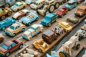 A collection of beautifully crafted children&rsquo;s wooden toys, including cars, blocks, and animals, displayed neatly on a wooden surface