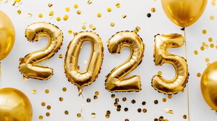 New Year 2025 gold foil balloons. Number 2025 from foil. Gold confetti and celebration.