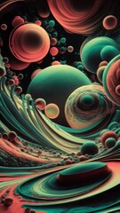 A vibrant abstract background with spinning spheres and waves in shades of green and pink, creating a dynamic and surreal visual effect.