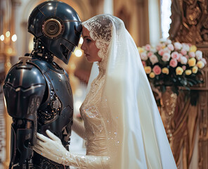 Bride embracing her robot husband inside a church