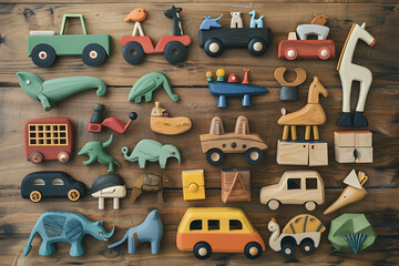 A collection of beautifully crafted children’s wooden toys, including cars, blocks, and animals, displayed neatly on a wooden surface