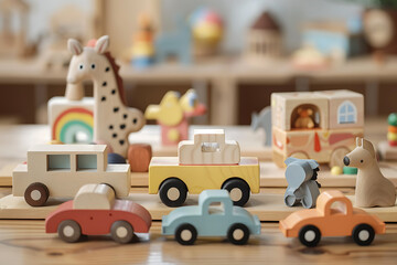 Obraz premium A collection of beautifully crafted children’s wooden toys, including cars, blocks, and animals, displayed neatly on a wooden surface