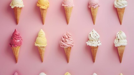 Explore a variety of food options like ice cream flavors and raspberries on a pink background....