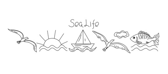 Summer beach sea set. Relaxation on the sea, ocean. Fish, ship, seagulls, sun. Summer holidays. Black and white icons. Illustration on an isolated background.