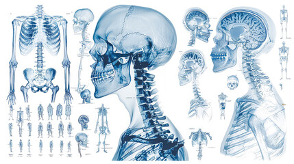 A series of blue and white images of skeletons and skulls. The images are of different people and are all in different positions. Scene is somewhat eerie and unsettling, as the skeletons
