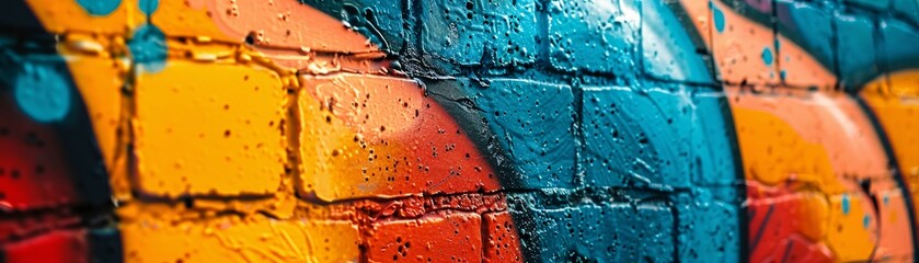 A close-up view of a colorful graffiti wall with intricate designs and spray paint textures,...