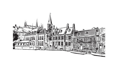 Obraz premium Building view with landmark of Bruges Belgium city. Hand drawn sketch illustration in vector.