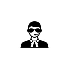 A minimalist black and white icon depicting the silhouette of a security guard or bodyguard wearing sunglasses, representing protection, surveillance and safety-related services.