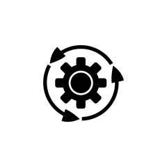 Obraz premium A black and white icon depicting a gear surrounded by circular arrows, representing automated processes, workflow management, and system optimization.