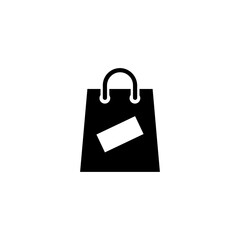 A simple black and white icon depicting a shopping bag with a price tag, representing a retail transaction, purchase, or shopping activity.