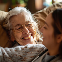 A smiling volunteer providing comfort to patients in a hospice.