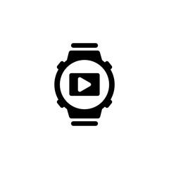 A minimalist black and white icon depicting a stylized smart watch silhouette with a play button icon, representing multimedia capabilities, entertainment, and media control on wearable devices.