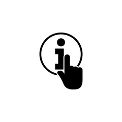 A minimalist black and white icon depicting a hand cursor interacting with an information symbol, representing access to additional details or an informational interface.