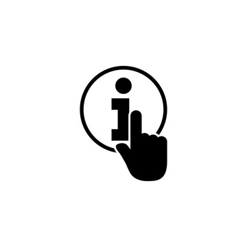 A minimalist black and white icon depicting a hand cursor interacting with an information symbol, representing access to additional details or an informational interface.