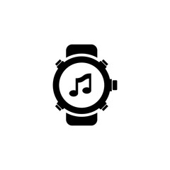 A minimalist icon depicting a smartwatch or alarm clock with a musical note symbol, representing the concept of a music-based alarm or audio timer.